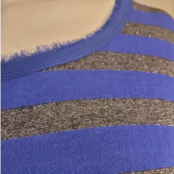 Calvin Klein Blue & Silver Striped Fringe Collar Tee Medium Fairycore Metallic - Picture 2 of 10